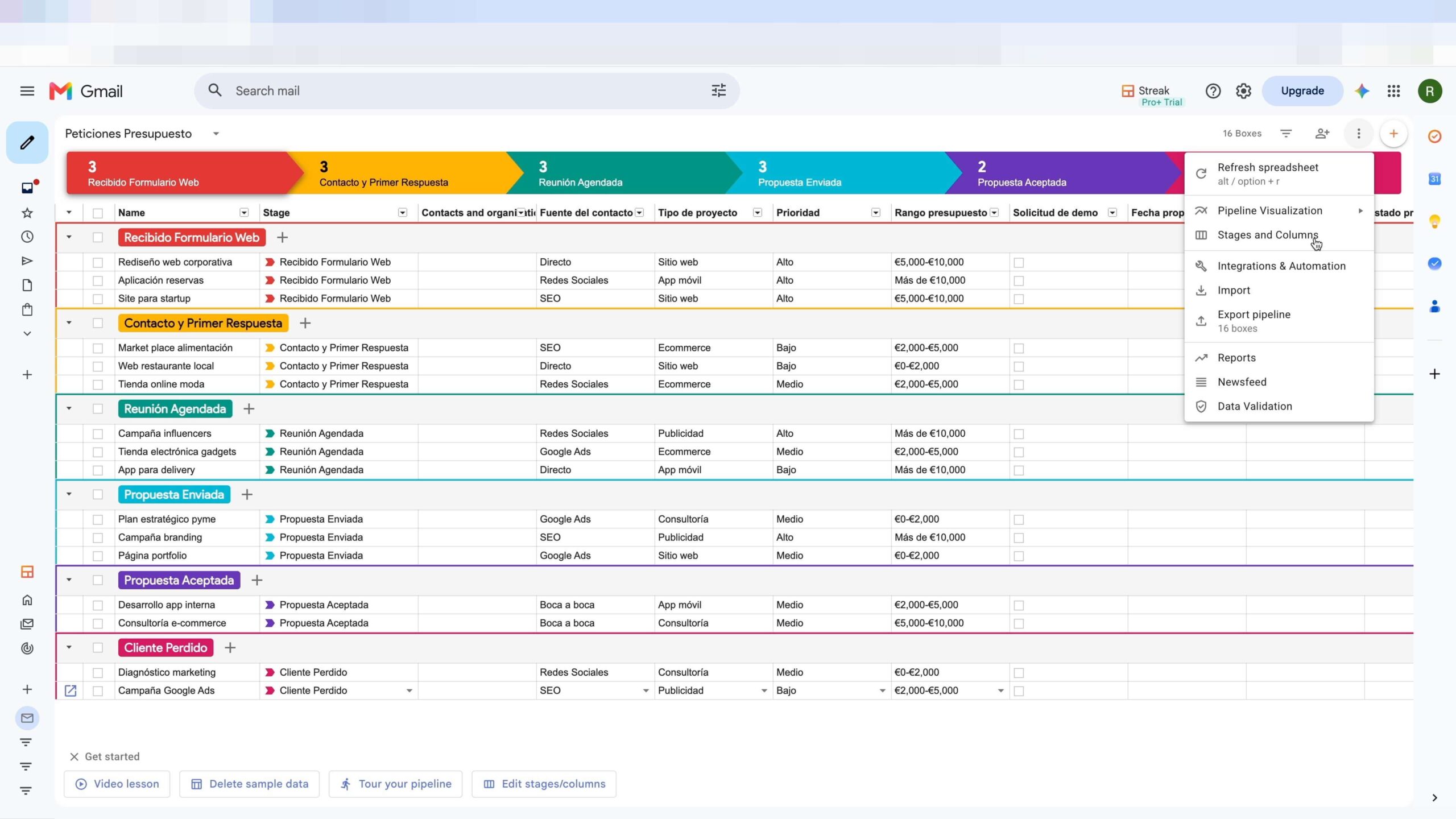 Ejemplo de canalización creada en Streak CRM para gestionar proyectos